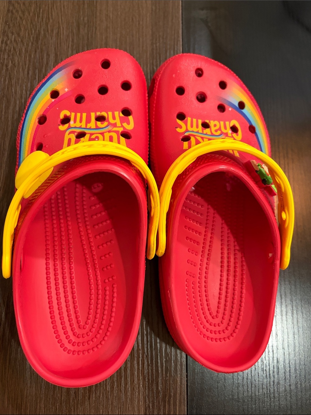 CROCS Red Clogs with Yellow Strap and Rainbow Accent